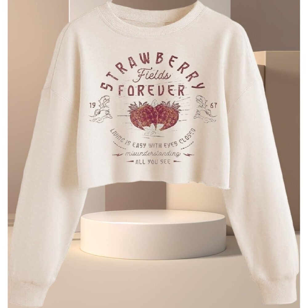 Women's Beige 1 Sweatshirt Graphic Lantern Long Sleeve Pullover Crop Tops - Picture 2 of 2